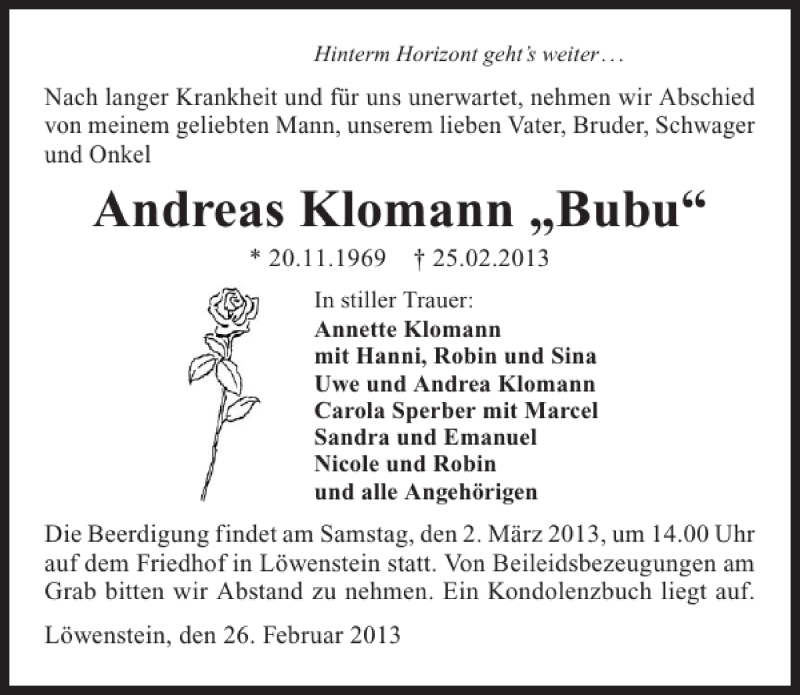  Traueranzeige für Andreas Klomann vom 27.02.2013 aus 