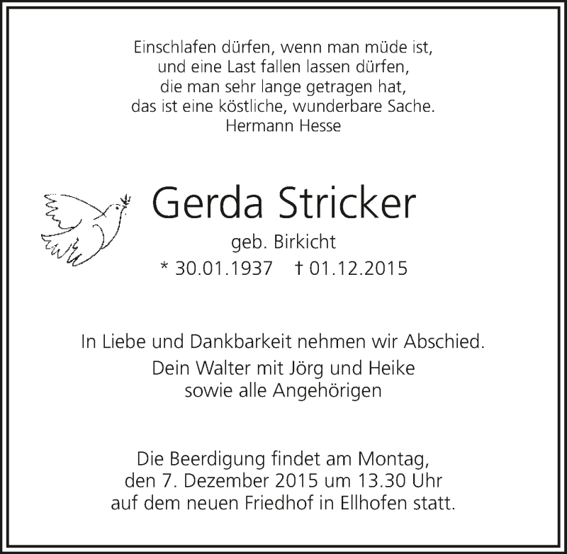  Traueranzeige für Gerda Stricker vom 03.12.2015 aus 
