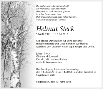 Traueranzeige von Helmut Steck 