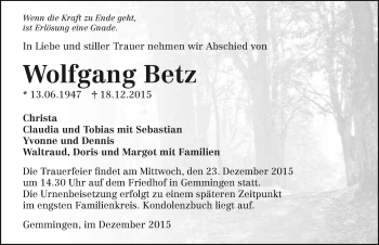 Traueranzeige von Wolfgang Betz 