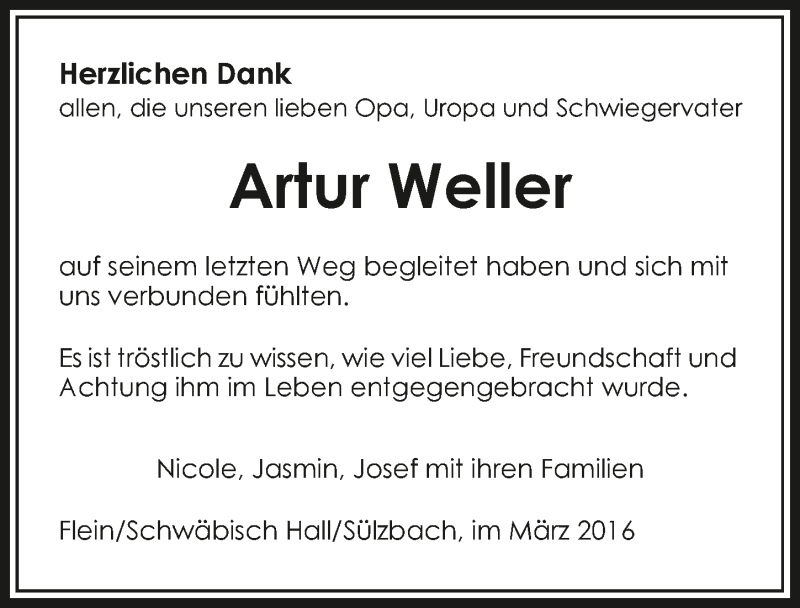  Traueranzeige für Artur Weller vom 12.03.2016 aus 