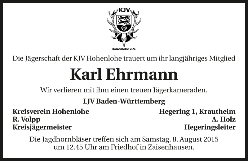  Traueranzeige für Karl Ehrmann vom 07.08.2015 aus 