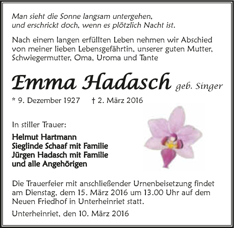  Traueranzeige für Emma Hadasch vom 10.03.2016 aus 