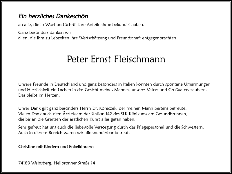  Traueranzeige für Peter Fleischmann vom 16.01.2016 aus 