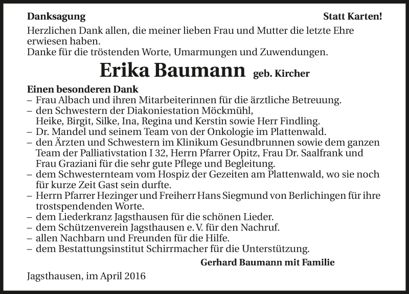  Traueranzeige für Erika Baumann vom 02.04.2016 aus 