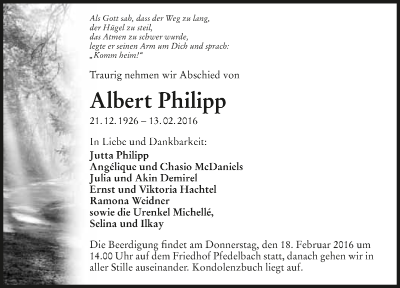  Traueranzeige für Albert Philipp vom 16.02.2016 aus 