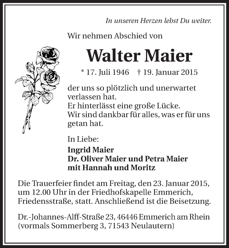  Traueranzeige für Walter Maier vom 21.01.2015 aus 
