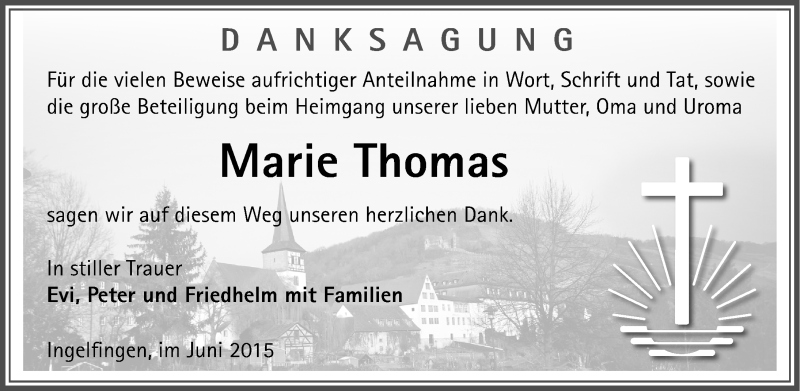  Traueranzeige für Marie Thomas vom 09.06.2015 aus 