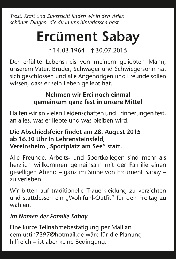  Traueranzeige für Ercüment Sabay vom 27.08.2015 aus 