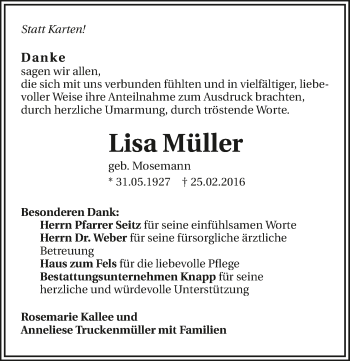 Traueranzeige von Lisa Müller 