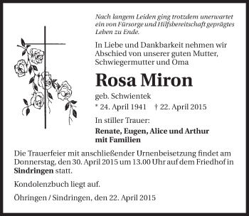 Traueranzeige von Rosa Miron 