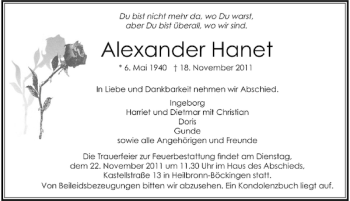 Traueranzeige von Alexander Hanet 