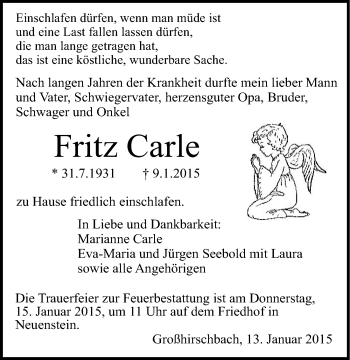 Traueranzeige von Fritz Carle 