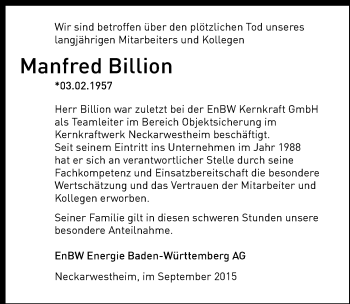 Traueranzeige von Manfred Billion 