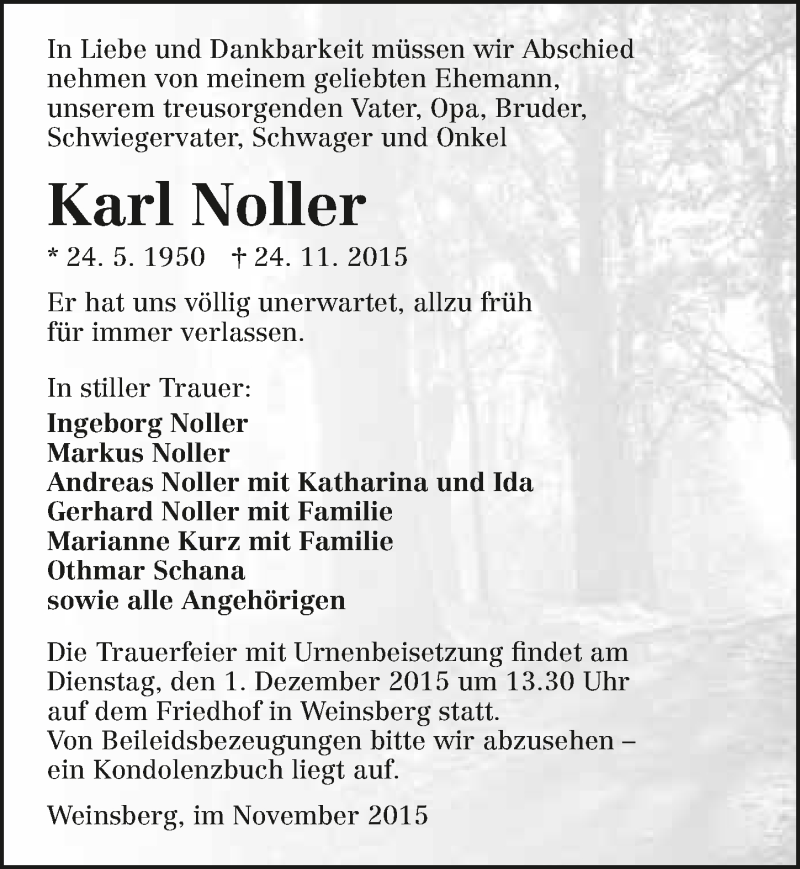  Traueranzeige für Karl Noller vom 28.11.2015 aus 