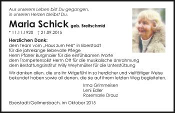 Traueranzeige von Maria Schick 