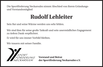 Traueranzeige von Rudolf Lehleiter 