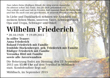 Traueranzeige von Wilhelm Friederich 