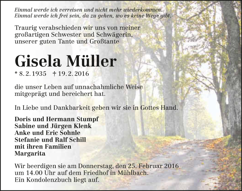  Traueranzeige für Gisela Müller vom 23.02.2016 aus 