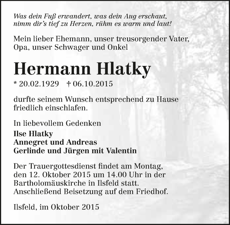  Traueranzeige für Hermann Hlatky vom 09.10.2015 aus 