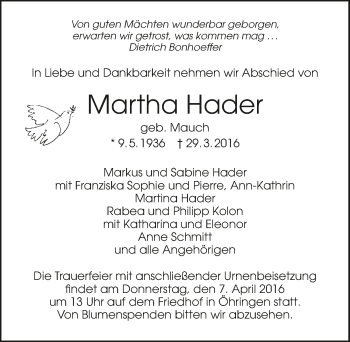 Traueranzeige von Martha Hader 