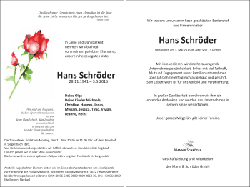 Traueranzeige von Hans Schröder 