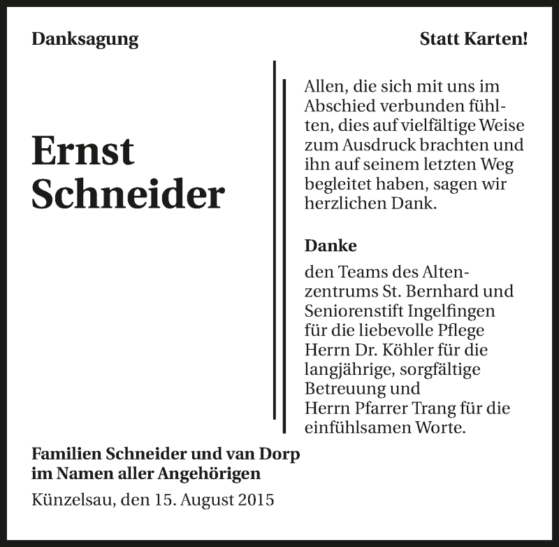  Traueranzeige für Ernst Schneider vom 15.08.2015 aus 