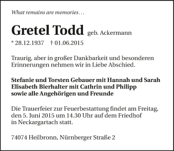 Traueranzeige von Gretel Todd 