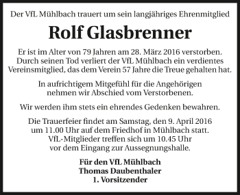 Traueranzeige von Rolf Glasbrenner 