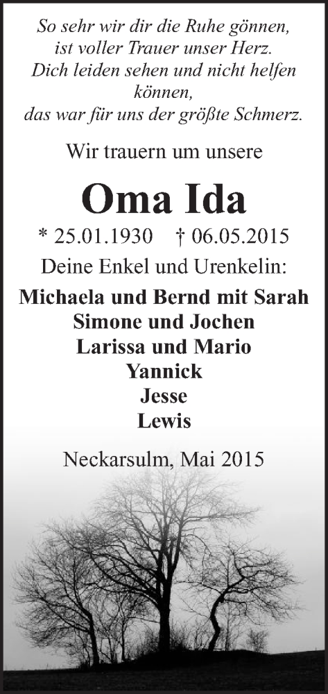  Traueranzeige für Ida Guld vom 09.05.2015 aus 