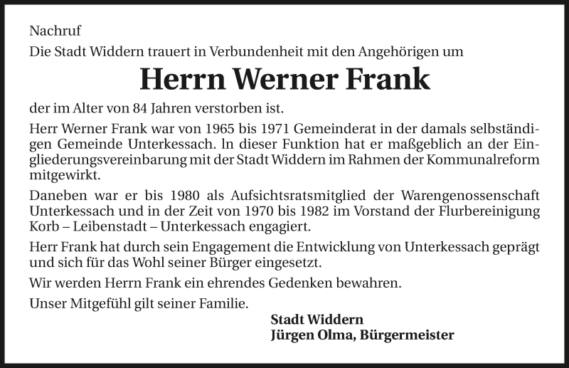  Traueranzeige für Werner Frank vom 09.03.2016 aus 