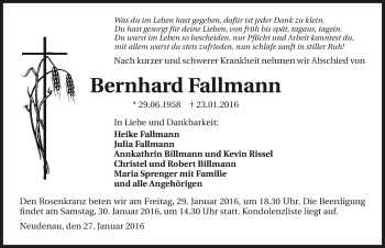 Traueranzeige von Bernhard Fallmann 