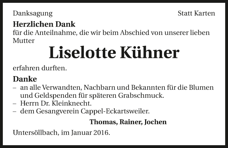  Traueranzeige für Liselotte Kühner vom 23.01.2016 aus 