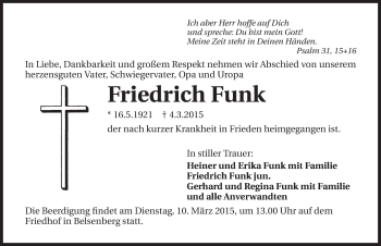 Traueranzeige von Friedrich Funk 
