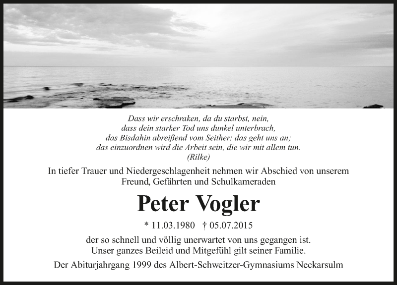  Traueranzeige für Peter Vogler vom 10.07.2015 aus 