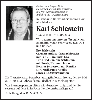Traueranzeige von Karl Schlestein 