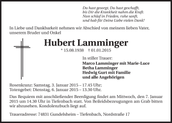 Traueranzeige von Hubert Lamminger 