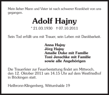 Traueranzeige von Adolf Hajny 