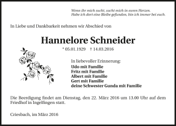 Traueranzeige von Hannelore Schneider 