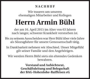 Traueranzeige von Armin Bühl 