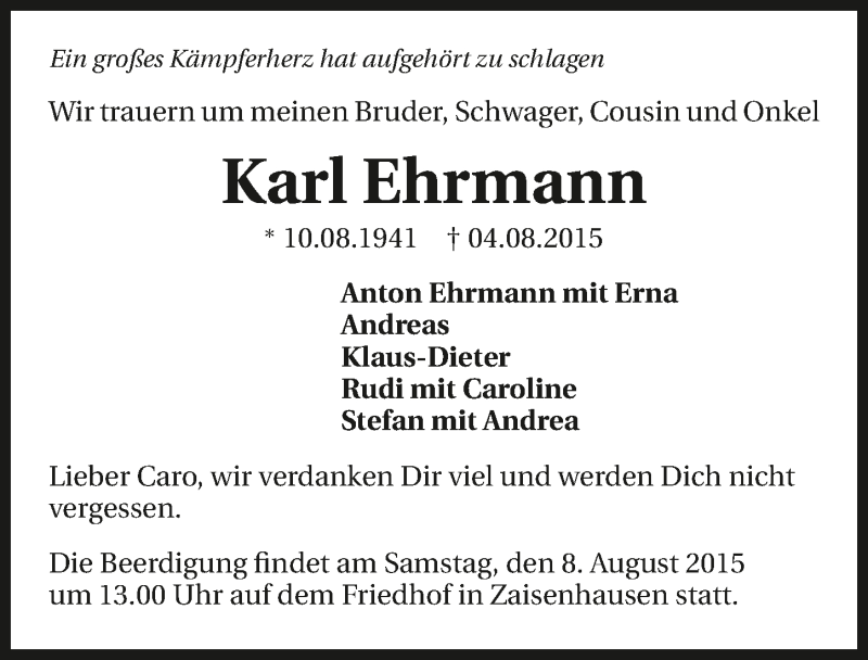 Traueranzeige für Karl Ehrmann vom 06.08.2015 aus 