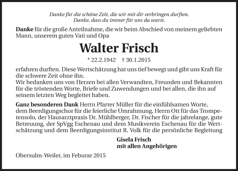  Traueranzeige für Walter Frisch vom 14.02.2015 aus 