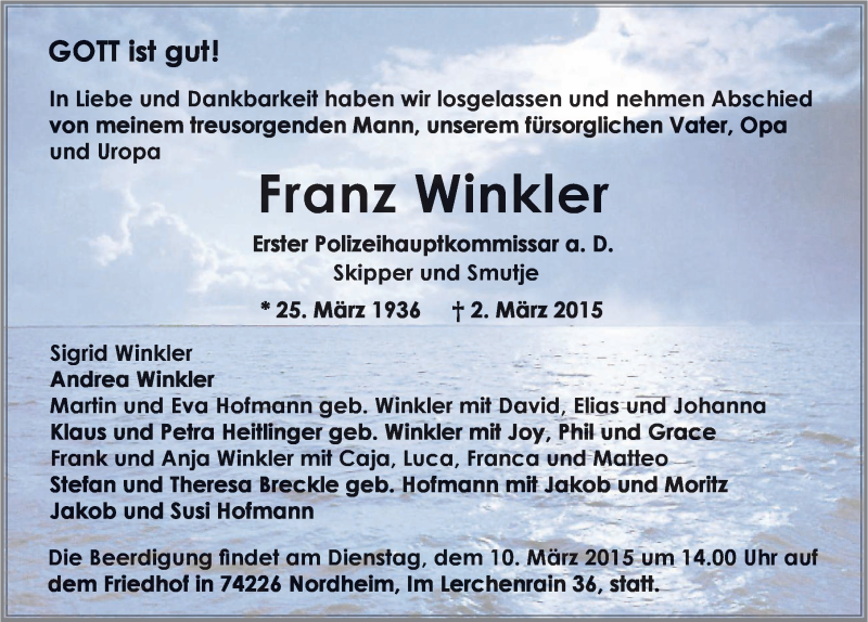 Traueranzeige für Franz Winkler vom 07.03.2015 aus 