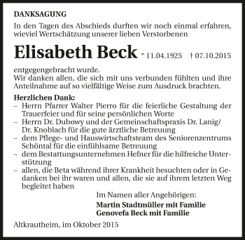Traueranzeige von Elisabeth Beck 