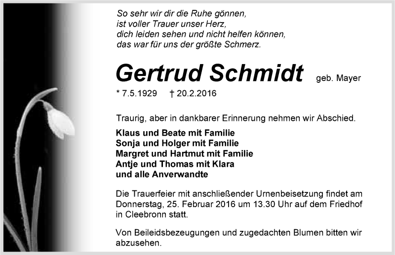 Traueranzeige für Gertrud Schmidt vom 22.02.2016 aus 