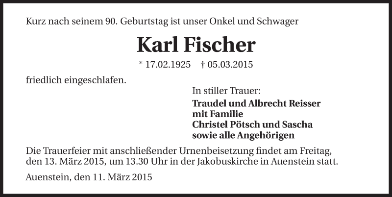  Traueranzeige für Karl Fischer vom 11.03.2015 aus 