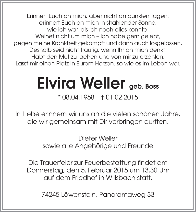  Traueranzeige für Elvira Weller vom 03.02.2015 aus 