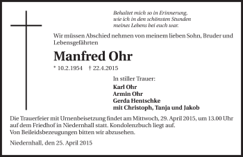 Traueranzeige von Manfred Ohr 