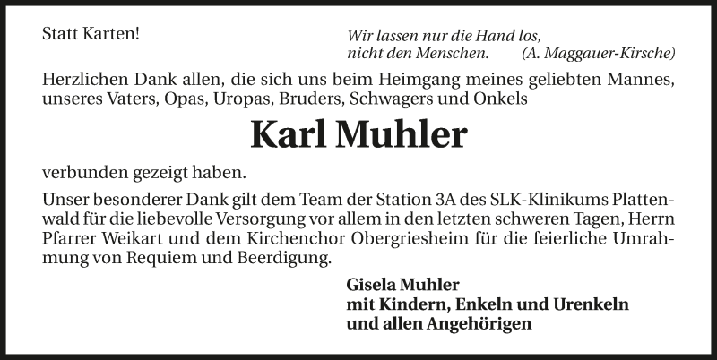  Traueranzeige für Karl Muhler vom 13.04.2016 aus 
