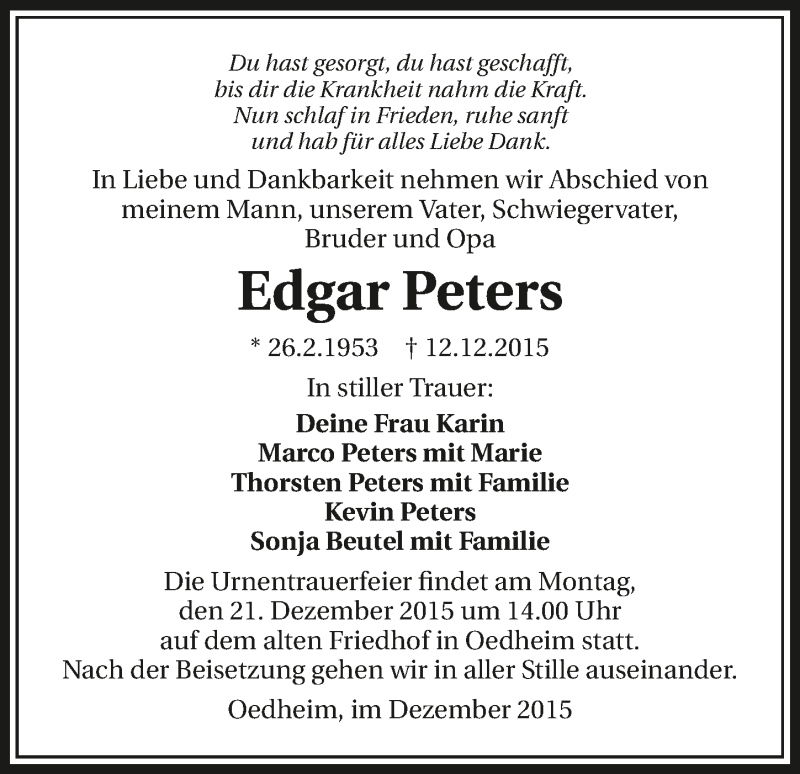  Traueranzeige für Edgar Peters vom 18.12.2015 aus 